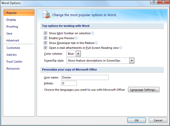 where is microsoft word options dialog box for mac